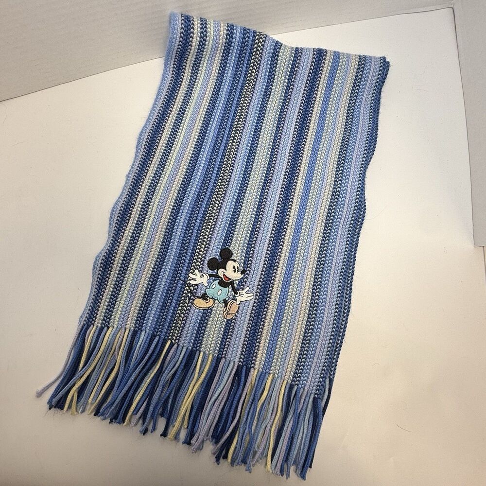 Disney Store Blue And White Stripe Embroidery Mickey Mouse Fringe Scarf